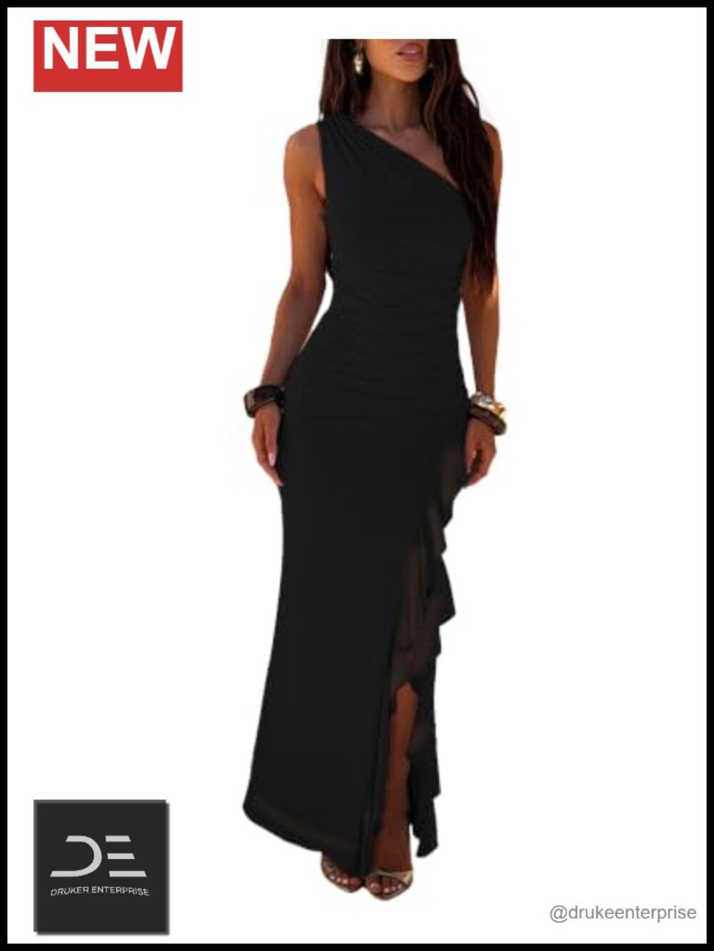 One Shoulder Mesh Maxi Dress Sleeveless Bodycon Side Slit Formal Evening Gown